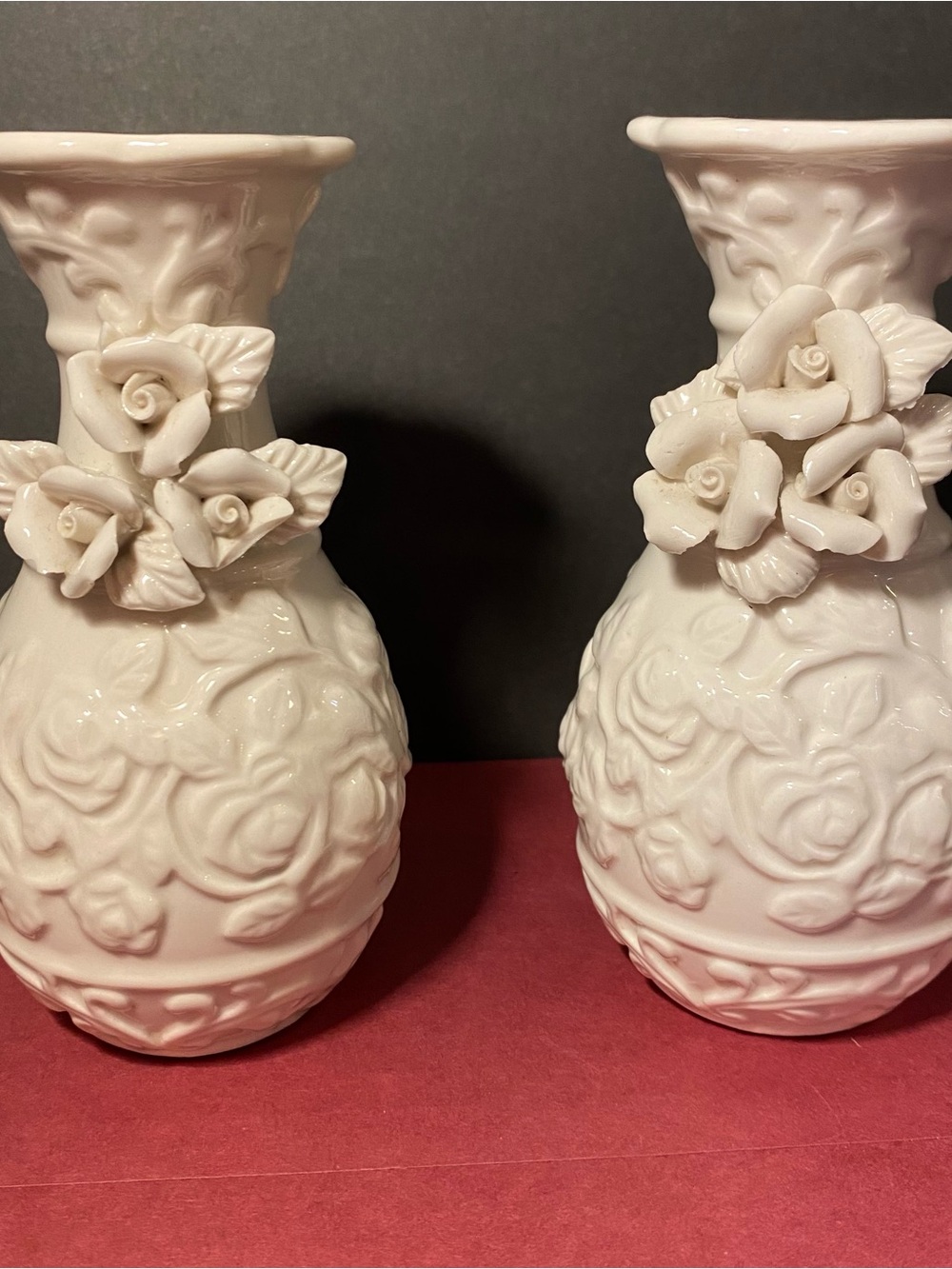 Set of 2 Vintage Ceramic Rose Embossed Vases - Cream colored w/3D rosebuds